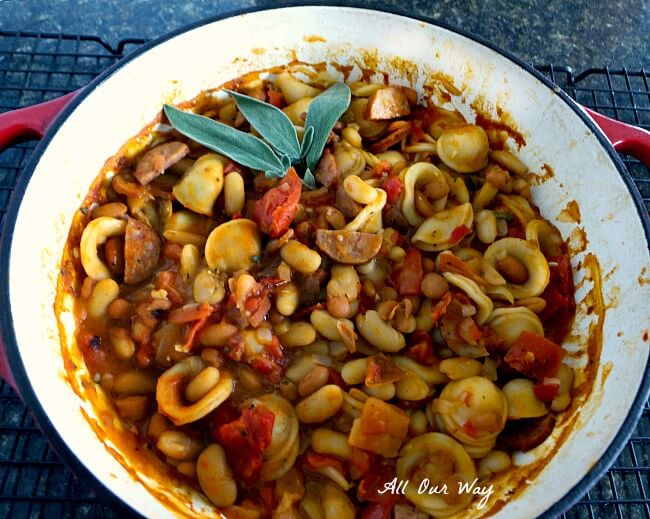Fagioli al Forno - Italian Baked Beans with Pasta cooked and baked in a Dutch oven. 