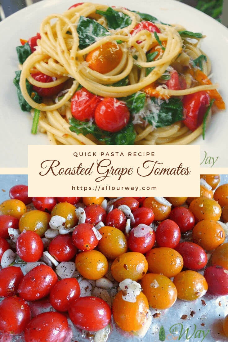 Collage of grape tomatoes and a plate of spaghetti with grape tomatoes and spinach.