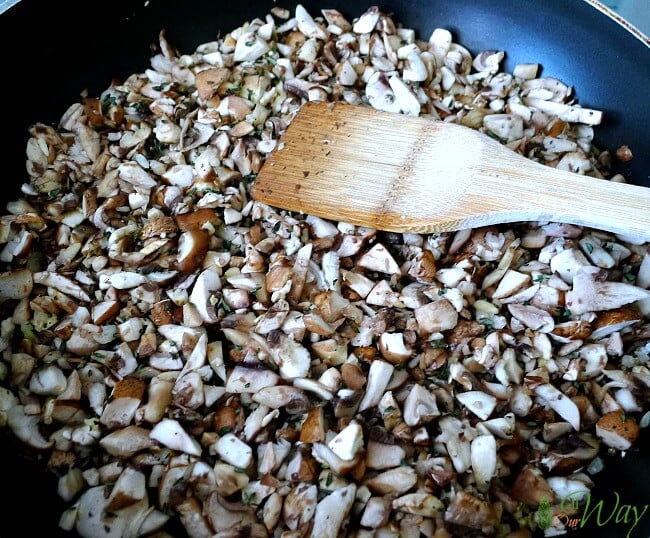 Three variety of mushroom in skillet ready to sauté for filling the ravioli. 