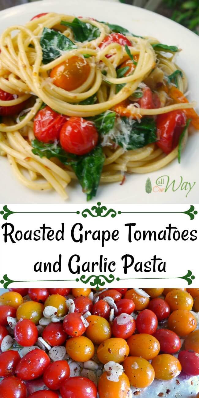 Roasted grape tomatoes and garlic pasta mixed with baby greens on a white plate. 