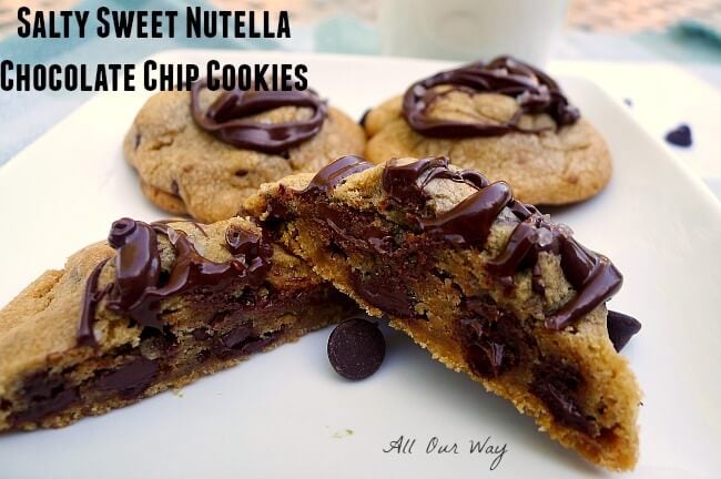 Chocolate chip cookies drizzled with chocolate and sprinkled with sea salt @allourway.com