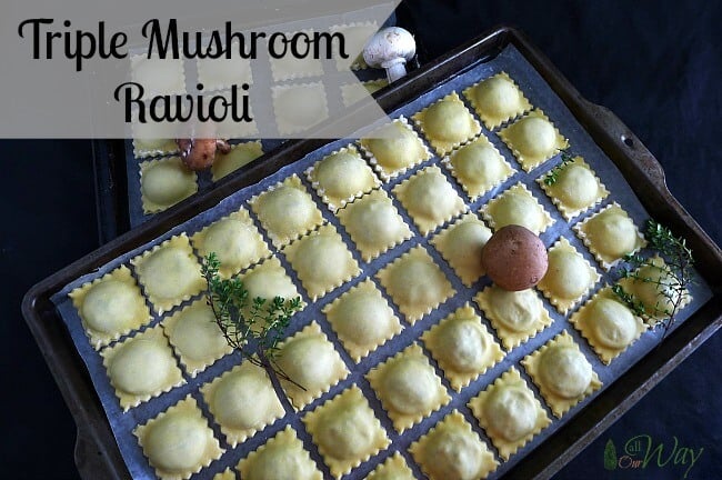 Triple Mushroom Ravioli with Ricotta and Parmesan Cheese on a baking tray ready to putt in freezer. 