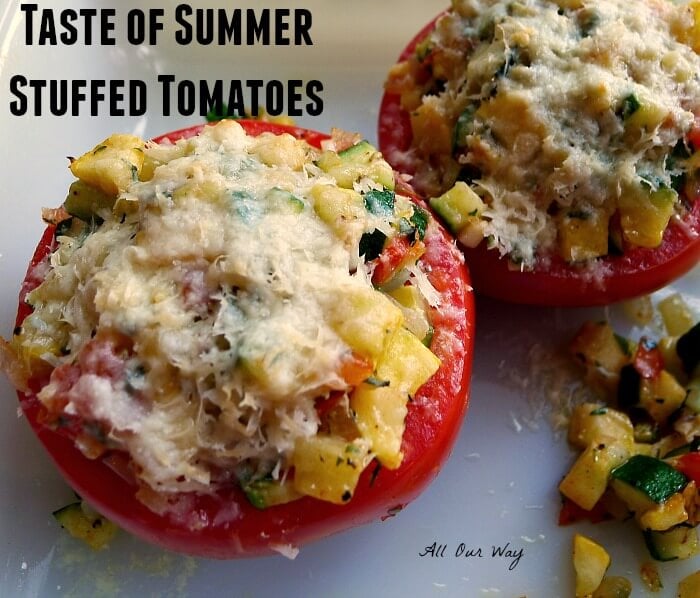 Tomatoes are stuffed with zucchini, summer squash, onion, garlic and flavored with basil, thyme and Parmesan Cheese @allourway.com