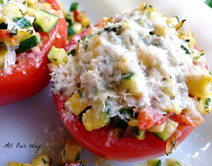 Summer stuffed tomatoes topped with Parmesan cheese @allourway.com