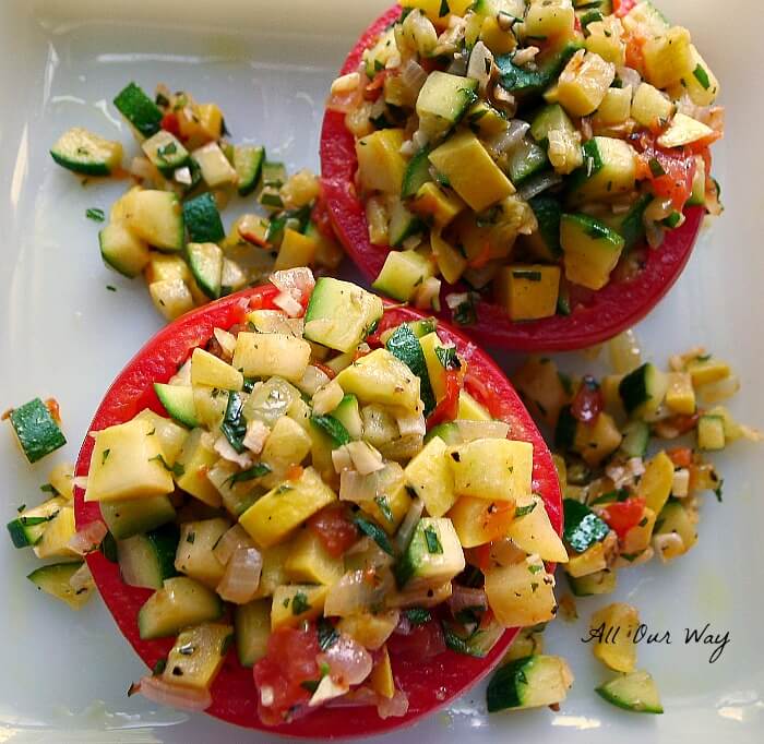 Stuffed Tomatoes ready to be topped with Parmesan Cheese @allourway.com