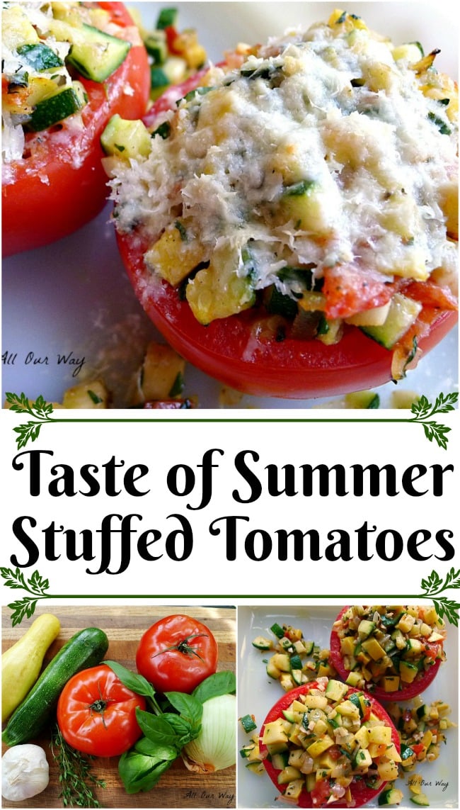 Stuffed Tomatoes are filled with a delicious combination of zucchini, summer squash and seasonings. Topped with mozzarella cheese it is an ideal side for a summer meal. 