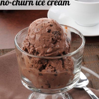 Two scoops of chocolate ice cream in glass goblet with white cup of coffee in background and silver spoon next to glass goblet.