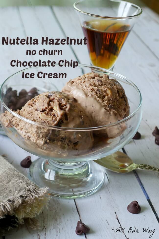 2 scoops of Nutella Hazelnut chocolate chip Ice cream in a shallow goblet with chocolate chips on the white wood table and a liqueur glass with hazelnut liqueur behind the glass goblet. A sterling silver spoon is at the base of the ice cream. 