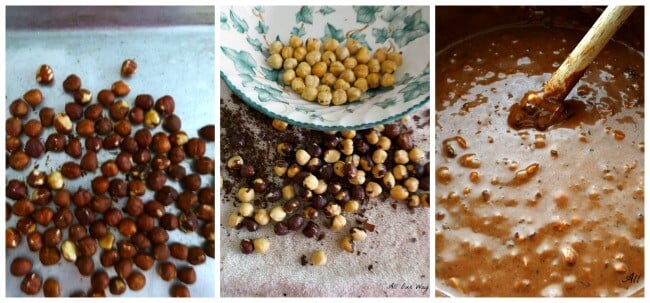 collage of Roasting Hazelnuts and removing skins with a towel @allourway.com