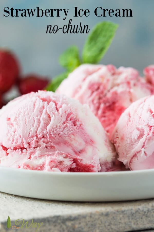 White bowl with 3 scoops of strawberry ice cream with mint leaves on top and ripe strawberries in background. 