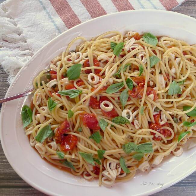 Calamari Capri over Pasta is well-balanced in flavor but also spicy @allourway.com