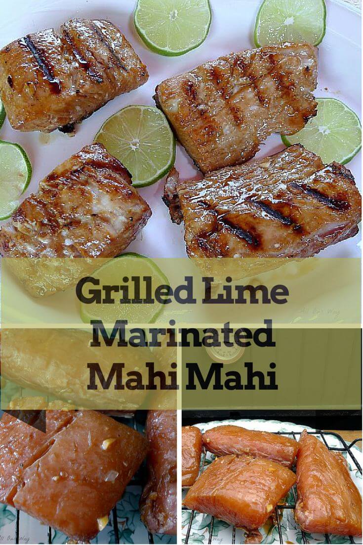 Collage of Grilled Lime Marinated Mahi Mahi with photos of the grill marked fillets on a white platter with the lime slices and additional photos an overhead shot of the fillets and a side view of the fillets on a black wire rack.