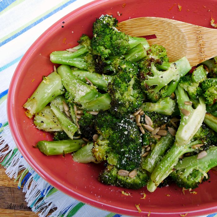 Parmesan Roasted Broccoli flavored with Garlic and Lemon and Topped with Sunflower Seeds @allourway.com