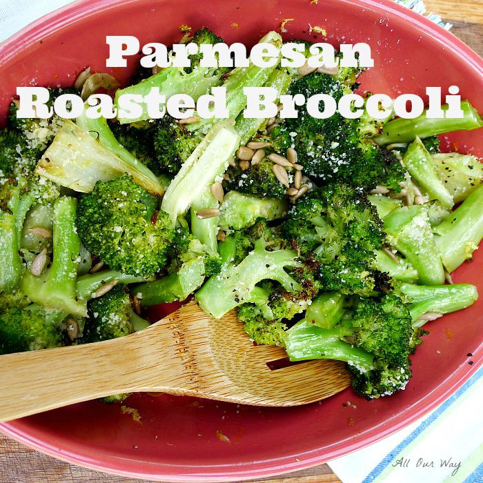 Parmesan Roasted Broccoli Flavored with Garlic and Lemon and Topped with Sunflower Seeds @allourway.com