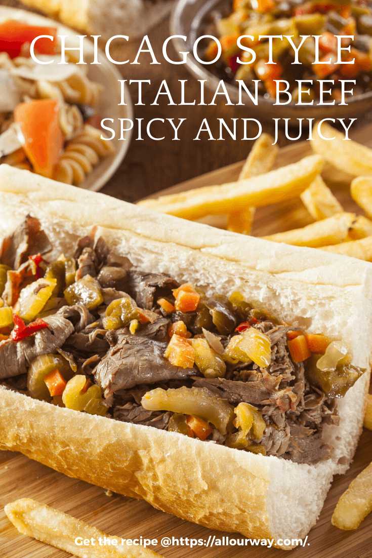 A delicious sandwich made by first roasting the beef, thinly slicing the beef, dipping the slices in the pan juices, then piling the beef on a crusty Italian roll and adding hot giardiniera and mozzarella cheese. This is an unforgettable sandwich you'll want to have again and again. #Italianbeef, #hoagiesandwich, #spicyItalianbeef #ChicagoItalianbeef, #giardiniera, #subsandwich, #beefsandwich