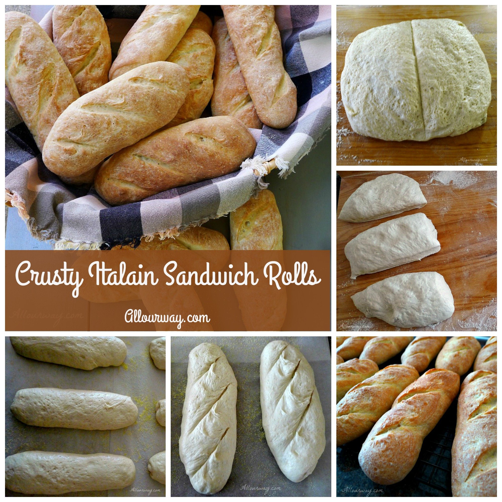 Collage that shows the process of cutting Sandwich Rolls Progressing from Dough to Finished Roll @allourway.com