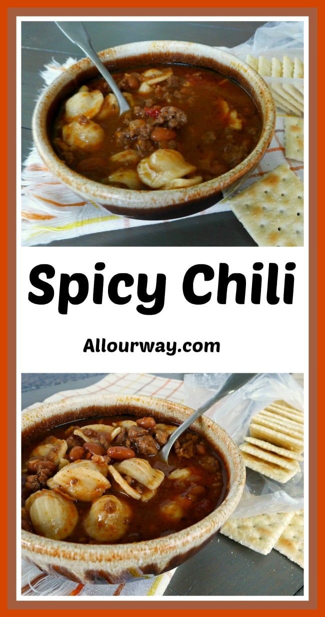 Collage of a bowl of chili soup in a brown bowl with a spoon. Saltine crackers are on the side of the bowl.