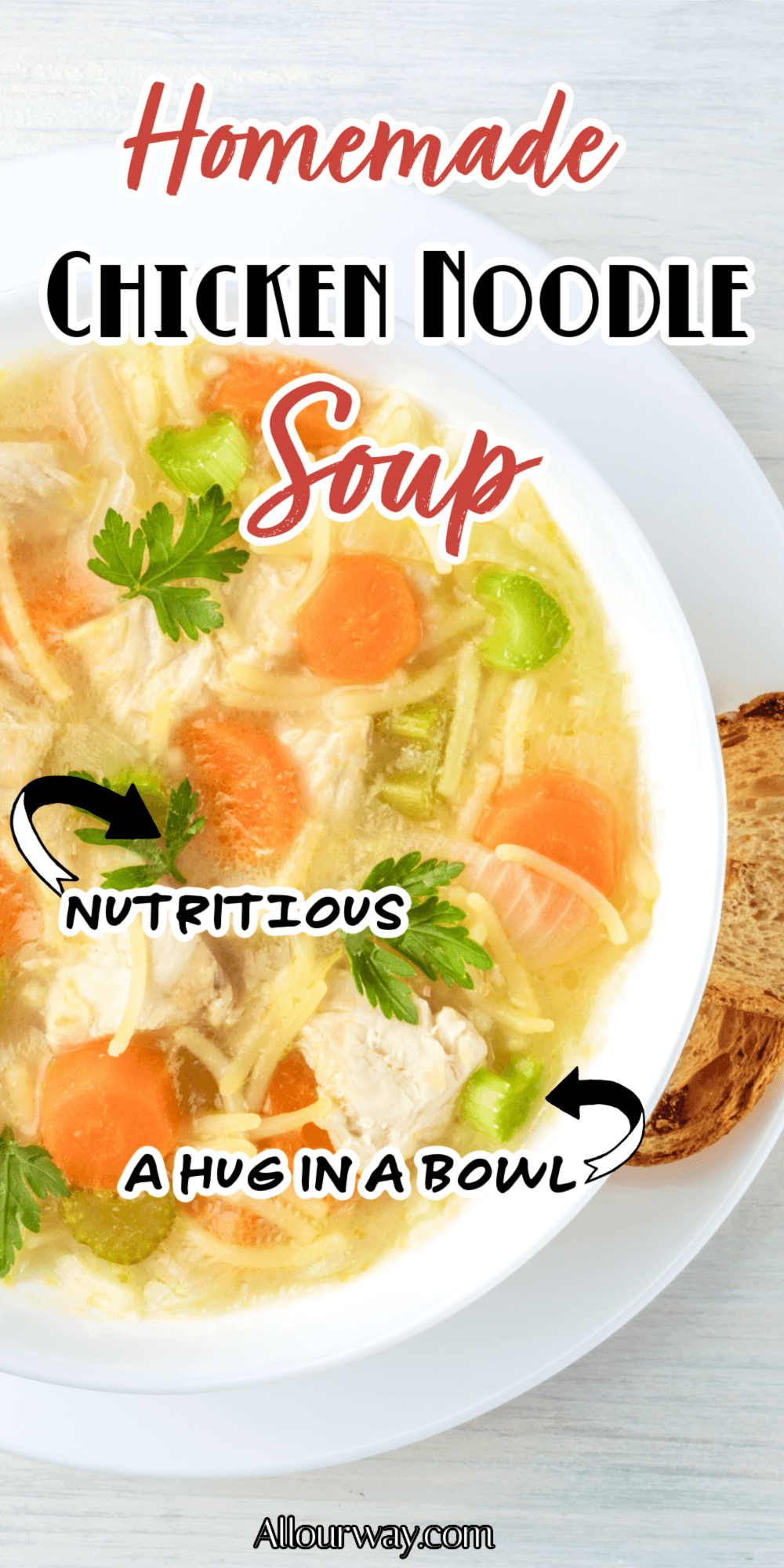 A comforting homemade chicken soup like mamma used to make except it has an ingredient that kicks it up several notches -- Ro-tel tomatoes. We add enough spice to make it tasty and tummy warming. Nothing says lovin' like a big bowl of soup.