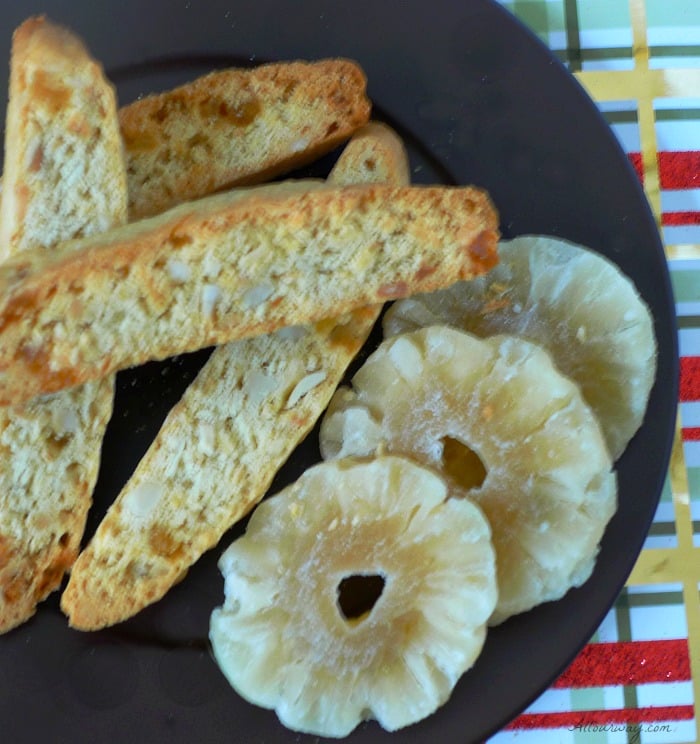 Piña Colada Biscotti are Italian cookies that are given a tropical touch with the addition of pineapple, coconut and macadamia nuts @allourway.com