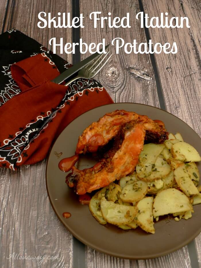 Skillet Fried Italian Herbed Potatoes are served with Barbecued Babyback ribs @allourway.com