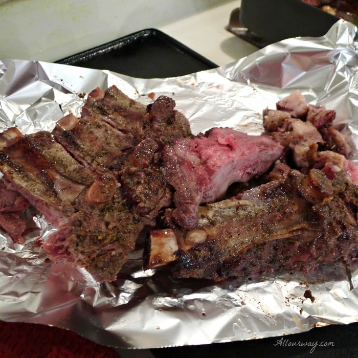 Dry Aged Standing Rib Roast Meat rib bones on aluminum foil @allourway.com