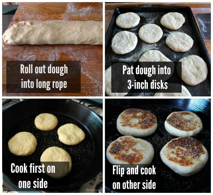 Collage of directions on how to cut the English Muffins dough, shape the rounds, cook them in a cast iron skillet.