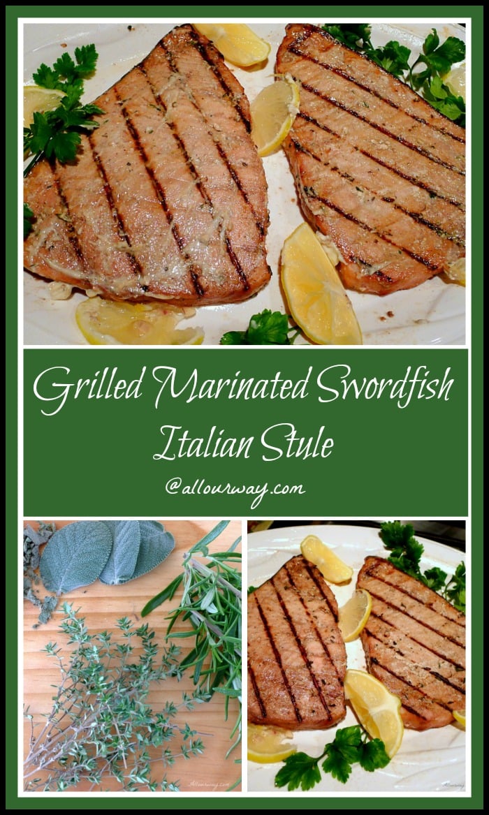 Cooking swordfish on the grill is easy and fail-proof if you marinate the fist first. The fish turns out full of flavor and it is very moist. The marinade is a combination of fresh herbs, balsamic vinegar, fresh lemon juice, garlic and olive oil. A quick meal to prepare and excellent for weeknight, company, and the Lenten season.