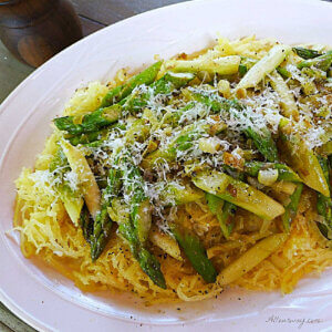 Spaghetti Squash alla Romana with Asparagus and Leeks.