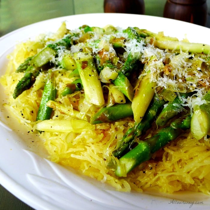 Spaghetti Squash alla Romana with Asparagus and Leeks @ allourway.com