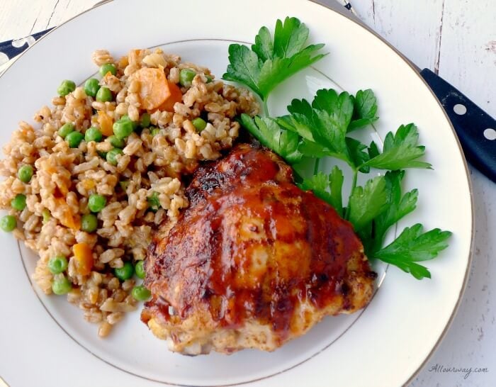 Farro and Peas - Risi e Bisi is served with our Spicy Bourbon Barbecue grilled chicken @allourway.com
