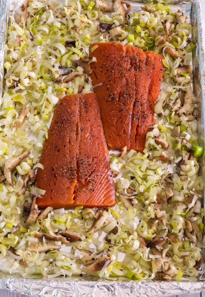 Roasted Salmon with Leek, Shiitake and Arugula Salad