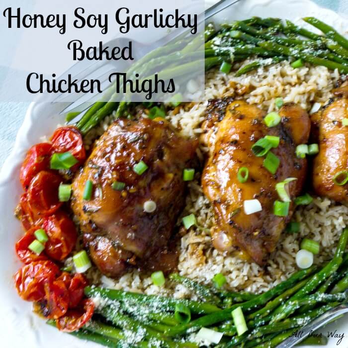 Honey Soy Baked Garlicky Baked Chicken Thighs Recipe @allourway.com