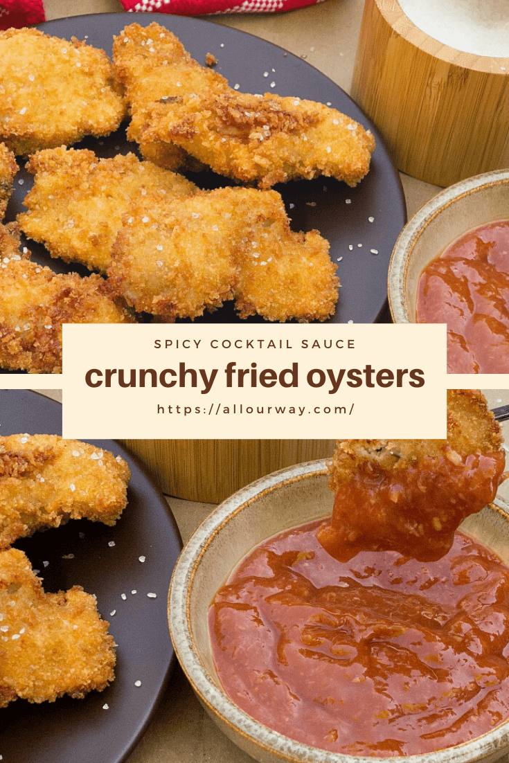 Crispy deep-fried oysters are panko-coated for an amazingly tasty holiday appetizer. The delicious bites are served with a homemade spicy cocktail sauce that everyone can't get enough of - serve it and see them disappear before you even put the platter down. #oysters, #oysterappetizer, #friedoysters, #cocktailsauce, #seafoodappetizer, #appetizers, #holidayappetizer