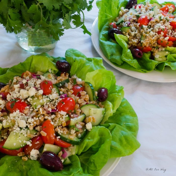 Mediterranean Grain Salad with Gorgonzola is a light summery salad using farro as the grain @allourway.com