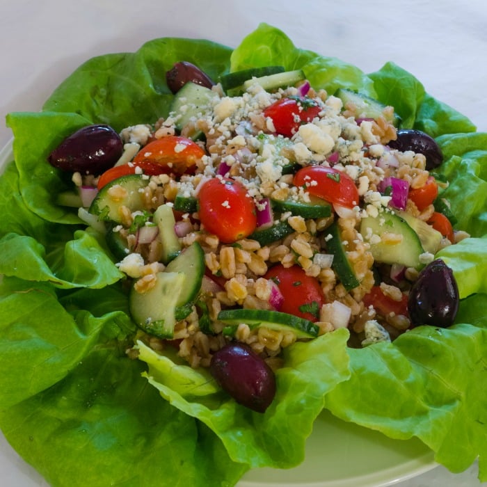 Mediterranean Grain Salad with Gorgonzola is a light summery salad with farro as the grain @allourway.com