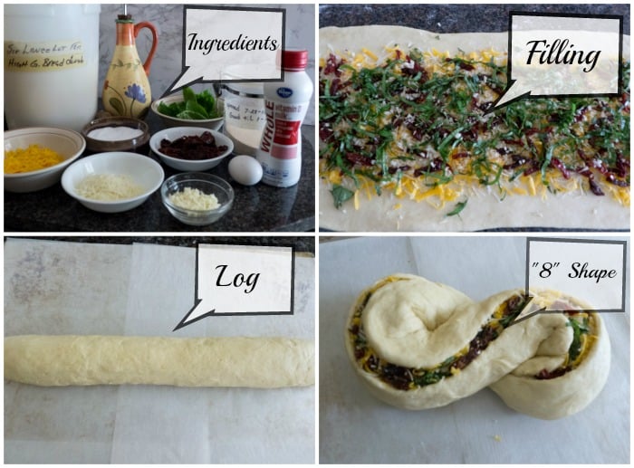 Collage of the ingredients in Herb Cheese Swirl Pane Italiano with another photo showing the filling, a photo with the bread rolled up in a log and a final photo of the bread in an number 8 shape with a slice down the center of the log to show the filling. @allourway.com