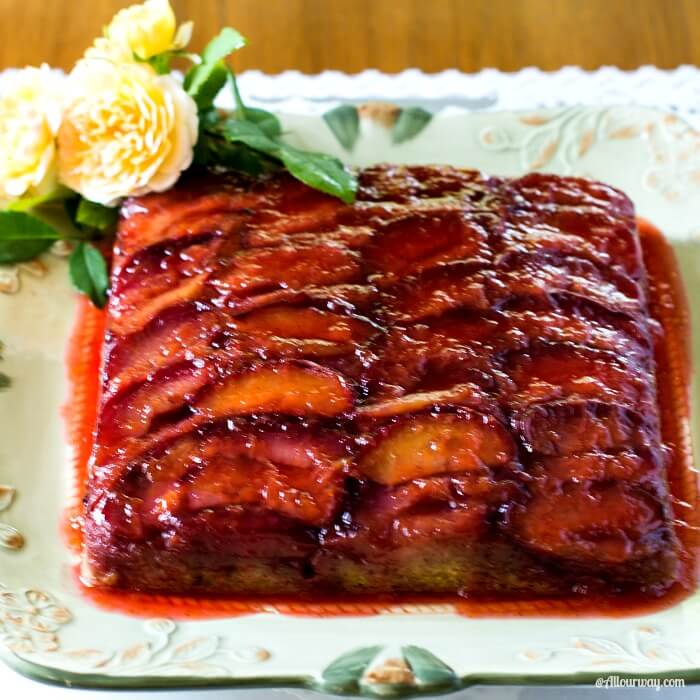 A fruity plum glaze covers the upside down plum tart. 