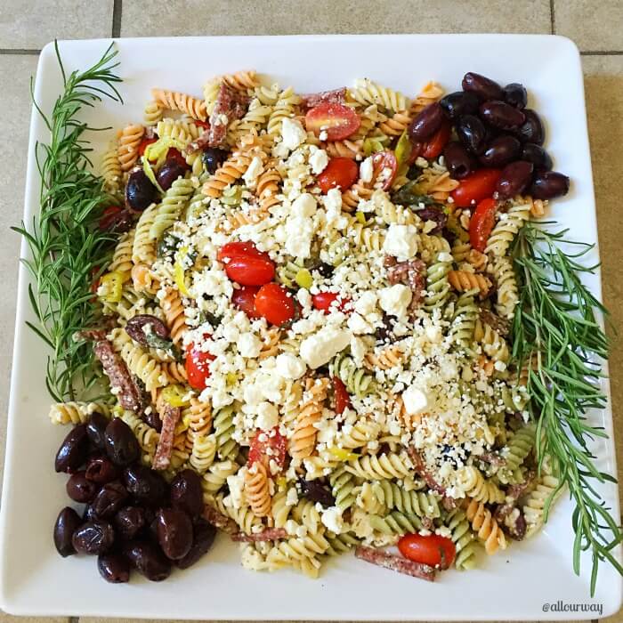 Mediterranean Herb Antipasto Pasta Salad Platter- a taste of Souther Italy at the Birthday Fish fry.@allourway.com