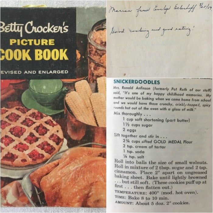 Betty Crocker Cookbook with the snickerdoodle recipe on the page.