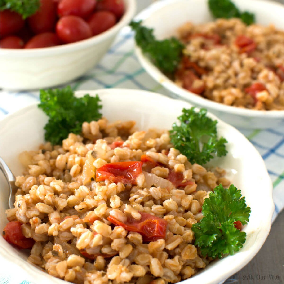 One-Pan Italian Farro with Tomatoes Plated.