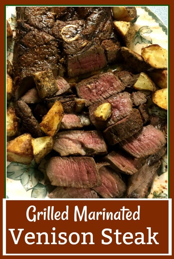 A green leaf platter holds grilled venison steak that is medium rare with chunks of cooked potatoes surrounding it. 