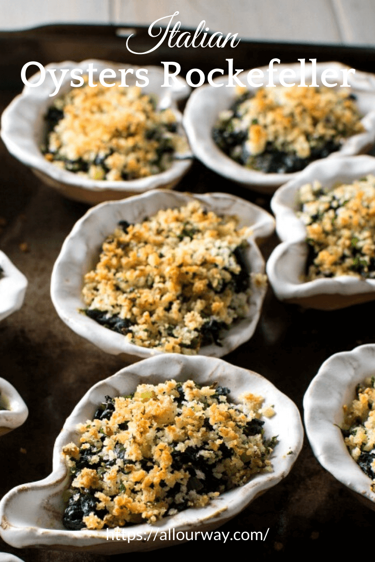 A rich elegant oyster appetizer that is easy to make. Oysters are baked in a half shell with a savory spinach blanket and topped with a garlicky Parmesan breadcrumb topping. #appetizer, #oystersrockefeller, #oysters, #Italianappetizer, #oysterappetizer, #holidayappetizer, #newyearappetizer