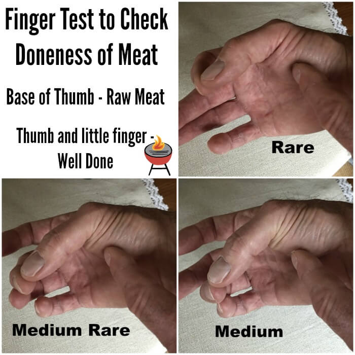 Collage showing how to check meat's doneness by using the fingers of your hand.