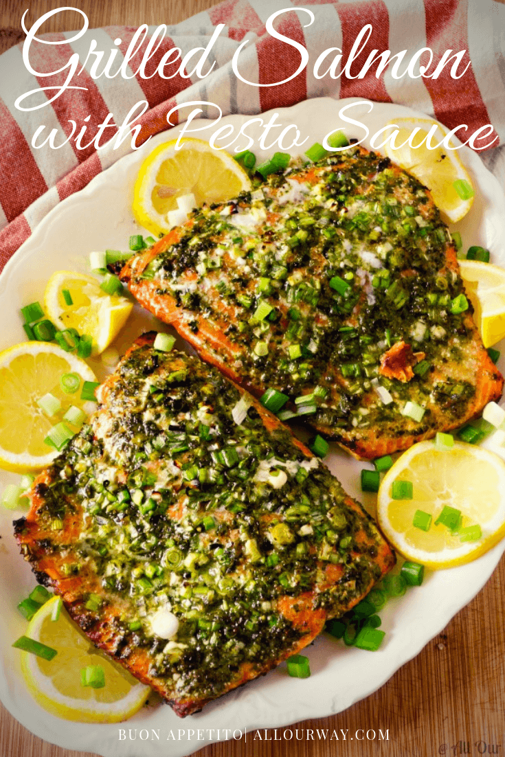 Grilled Italian Pesto Salmon is an easy seafood dinner that you make 30 Minutes Start to Finish. An easy lemony pesto sauce compliments the salmon without overpowering the rich delicate fish. This delicious seafood dinner is ideal for a company seafood dish. You can use the same sauce on baked fish too. #pestosauce, #grilledsalmon, #fishsauce, #sauceforfish, #sauceforseafood