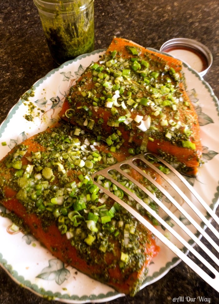 Grilled Italian Pesto Salmon is on the table in 30 minutes. Easy and delicious @allourway.com