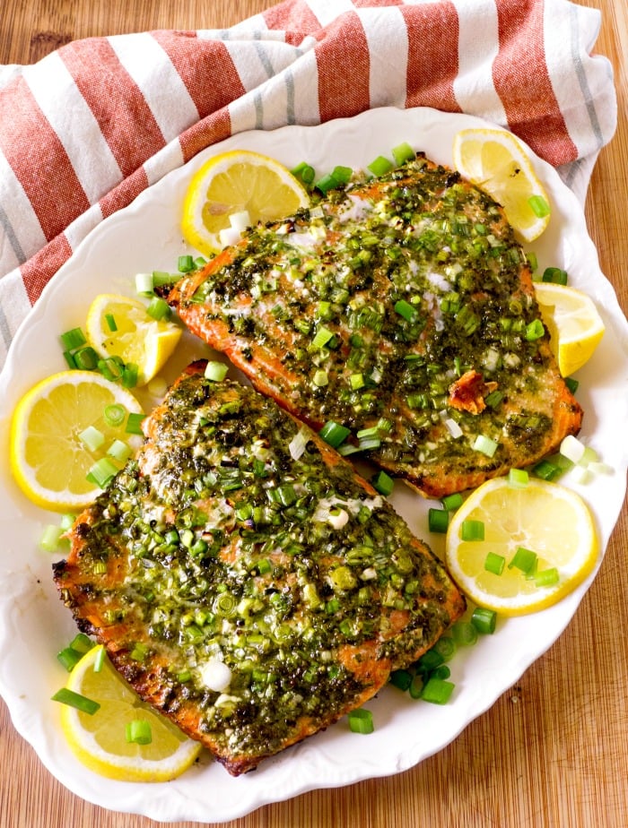 Grilled Pesto Italian Salmon is on the table in 30 minutes. It's quick and delicious @allourway.com