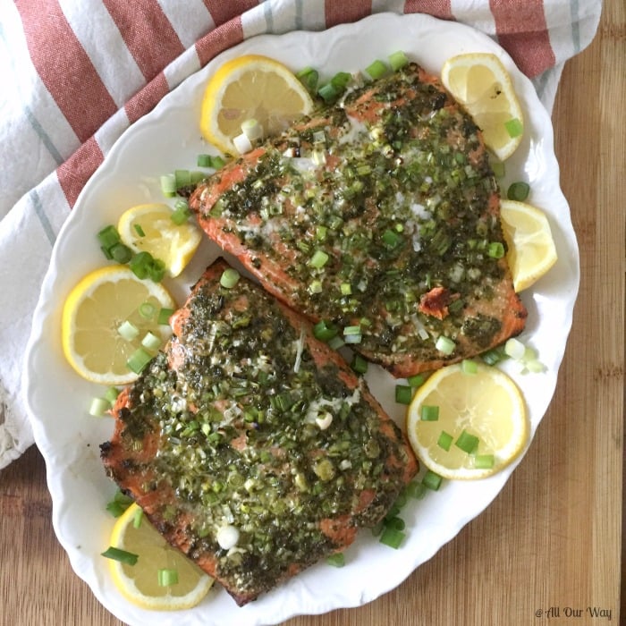 Grilled Italian Pesto Salmon is a quick and delicious dish that is on the table in 30 minutes @allourway.com