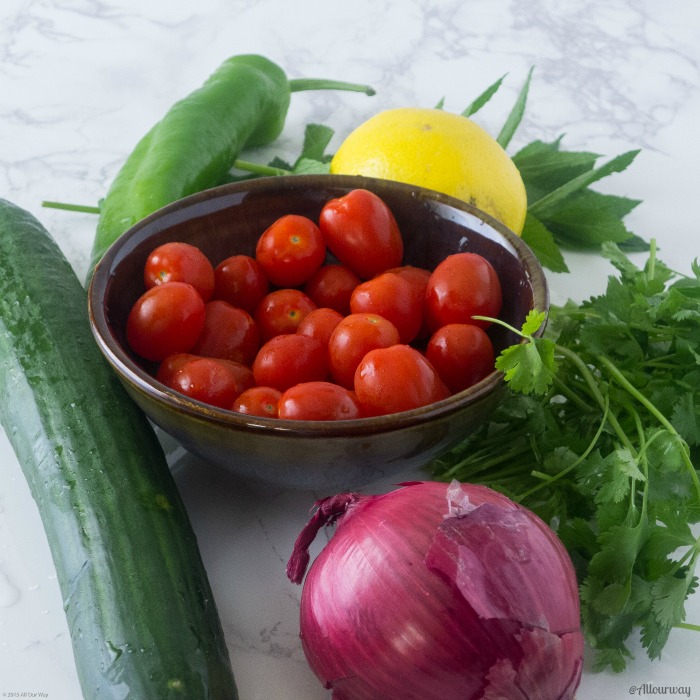 Ingredients for Mediterranean Tomato Cucumber Salad with Spicy Yogurt Dressing @allourway.com