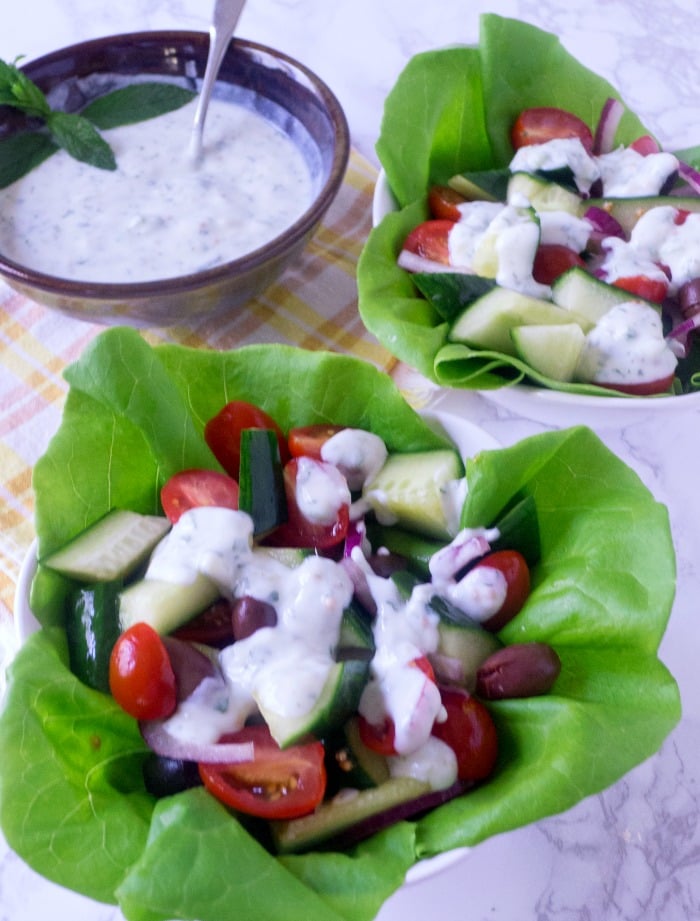 Mediterranean tomato cucumber salad with spicy yogurt dressing @allourway.com