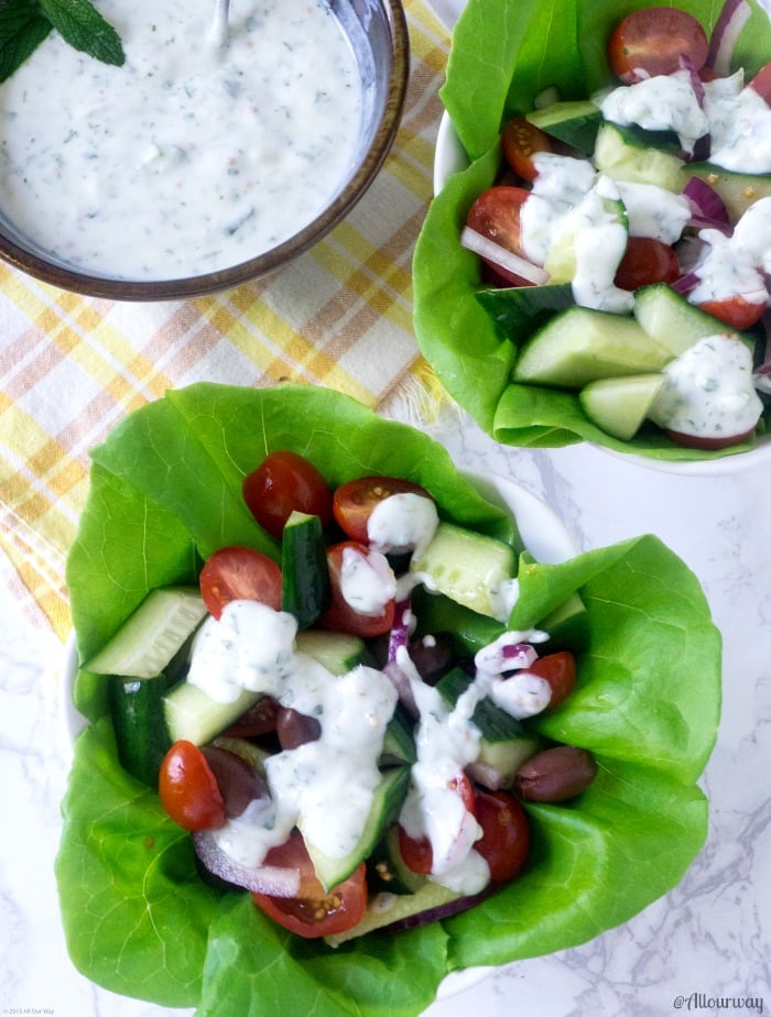 Mediterranean tomato cucumber salad with spicy yogurt dressing @allourway.com